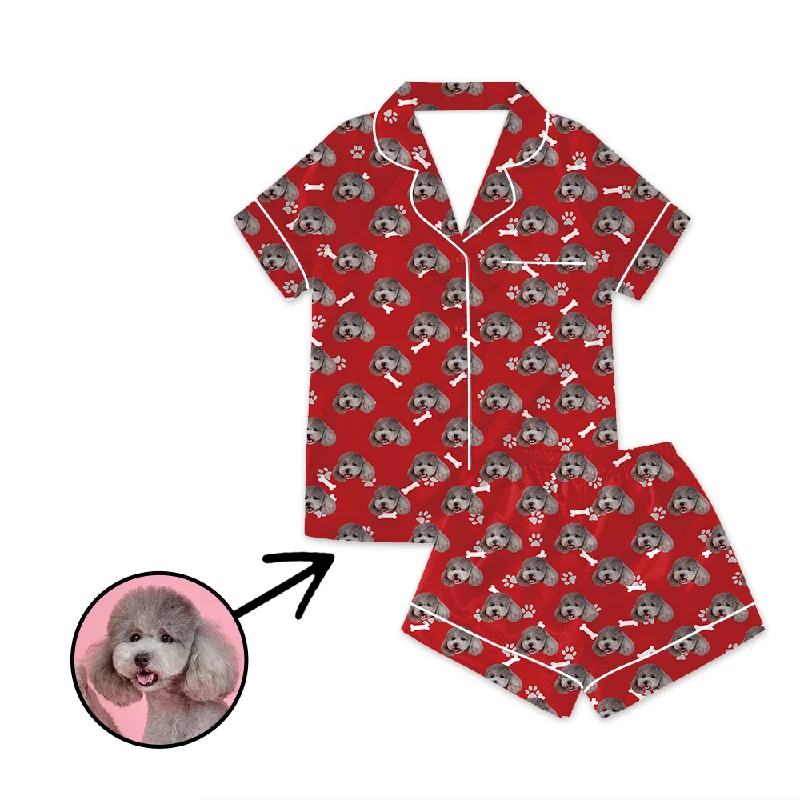 Matching mother and kid same suit for summer parties-Custom Photo Satin Pajamas Dog Footprint Red For Summer