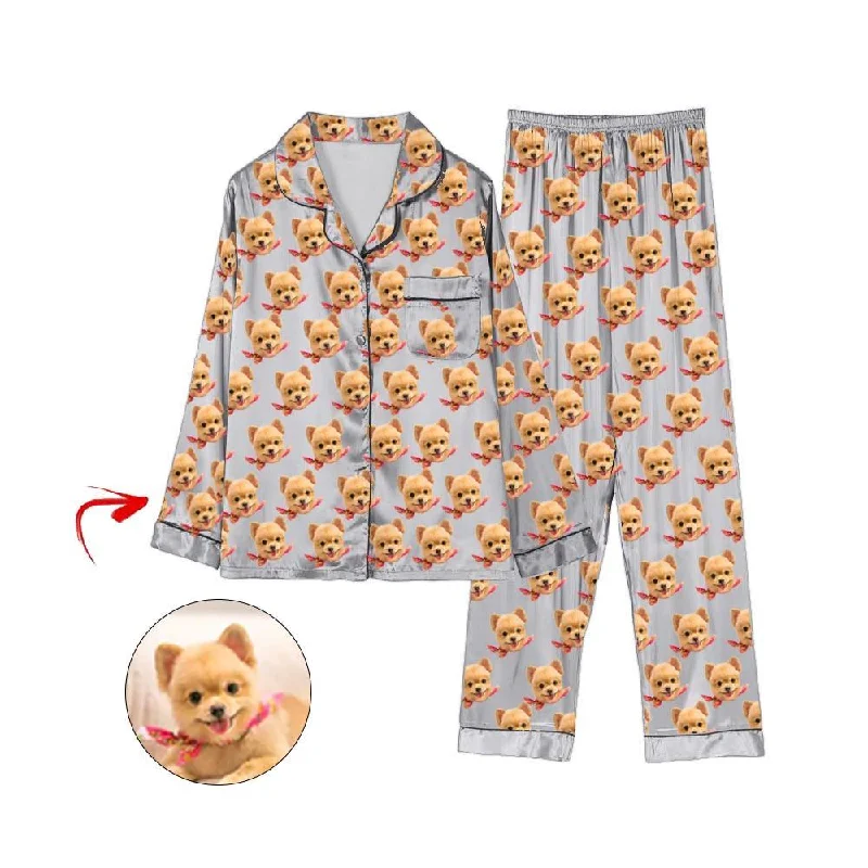 Matching mother and kid same suit for relaxed days-Custom Photo Satin Pajamas I Love My Dog Grey Matching mother and kid same suit for relaxed days-Custom Photo Satin Pajamas I Love My Dog Grey