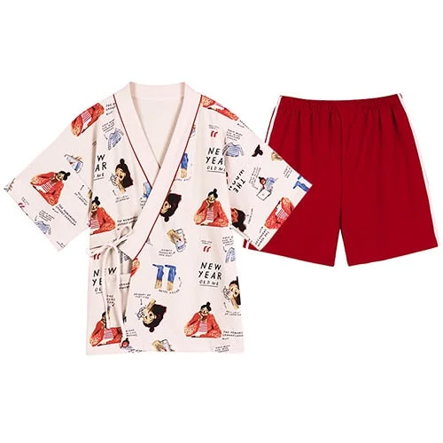 Women's robes with matching sleepwear sets-Kimono Style Red Pajama