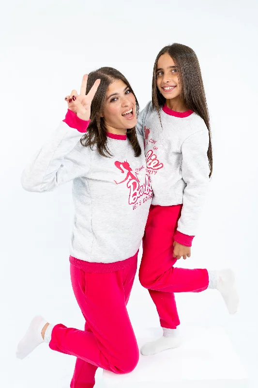 Matching outfits for mother and kid same suit-بيجامة شتوي بناتي بلون رمادي وبطبعة barbie lets go party Matching outfits for mother and kid same suit-بيجامة شتوي بناتي بلون رمادي وبطبعة barbie lets go party
