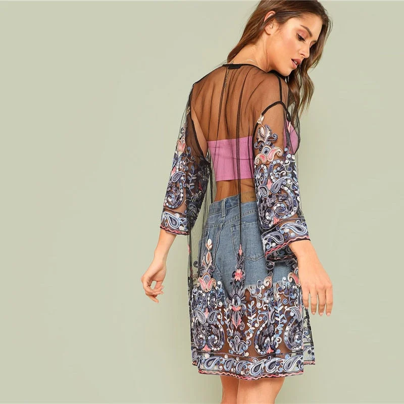 Soft cotton robes with chic touch-Floral Embroidery Mesh Kimono