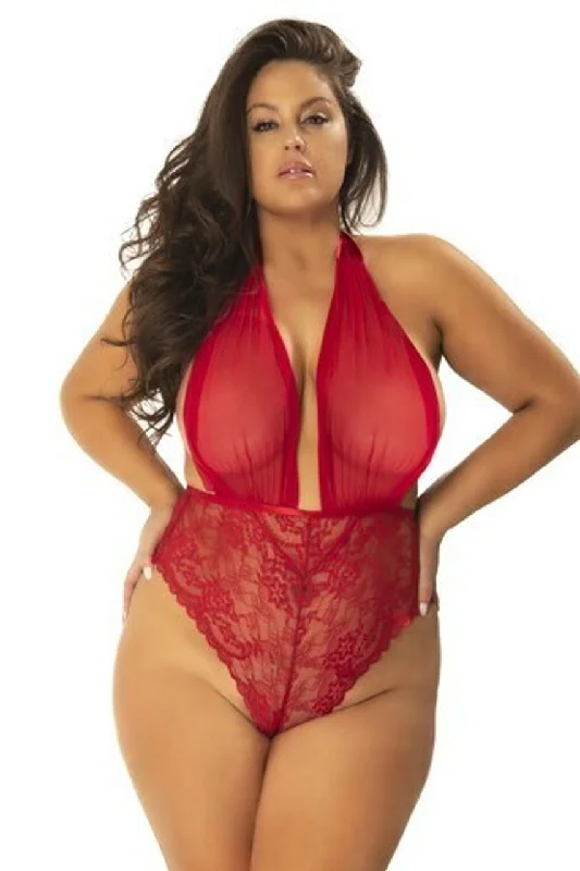 Sexy lingerie for under strapless outfits-Curvy Aria Sheer Plunge Halter Teddy