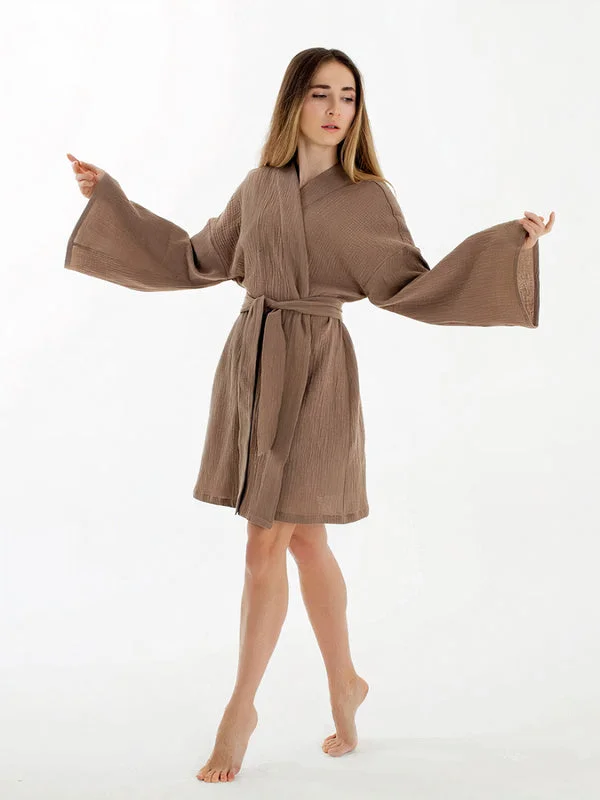 Elegant robes for women with satin sheen-Robe de Chambre Femme Kimono Ceinturée "Marron"