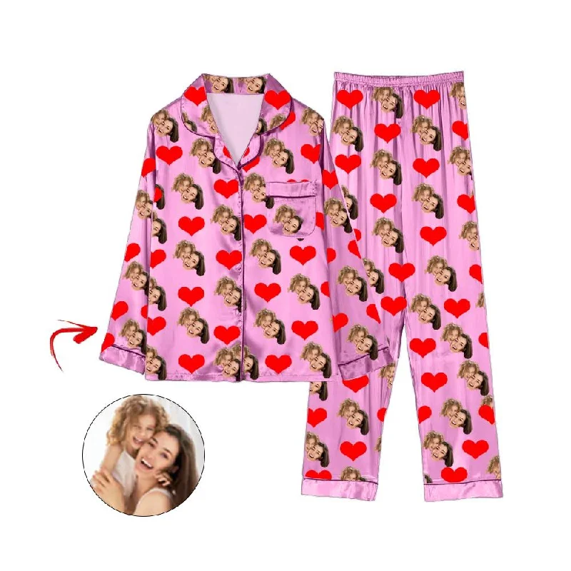 Casual matching mother and kid same suit for simple outings-Custom Photo Satin Pajamas Heart Happy Mother's Day Pink