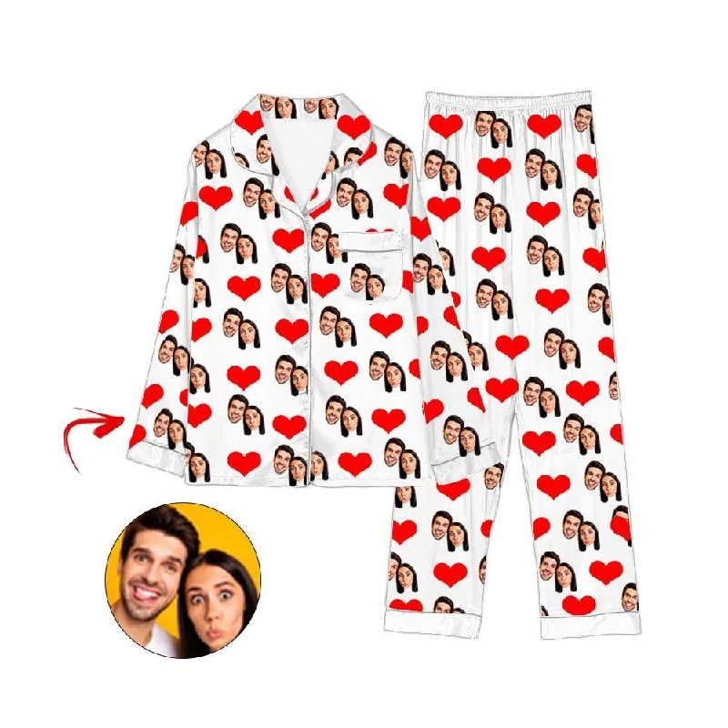 Matching mother and kid same suit for casual wear-Custom Photo Satin Pajamas Heart Happy You And Me White