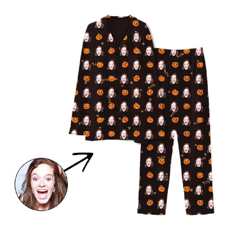 Casual matching mother and kid same suit for hanging out-Personalised Pyjamas Halloween Pumpkin Brown
