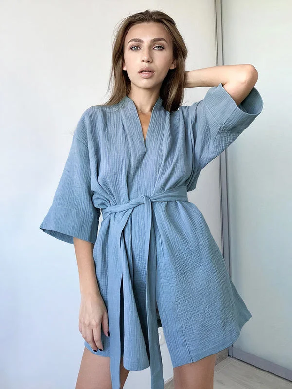 Comfortable women's robes with pockets and tie-Robe de Chambre Femme en Coton "Bleu"