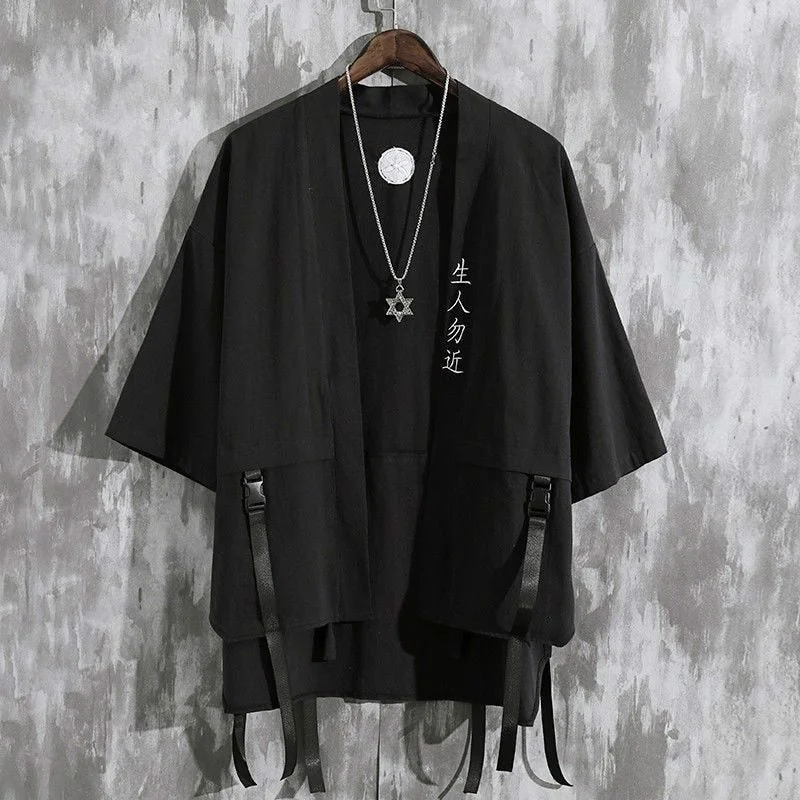 Soft cotton robes with chic touch-Black Haori Cardigan Shirt