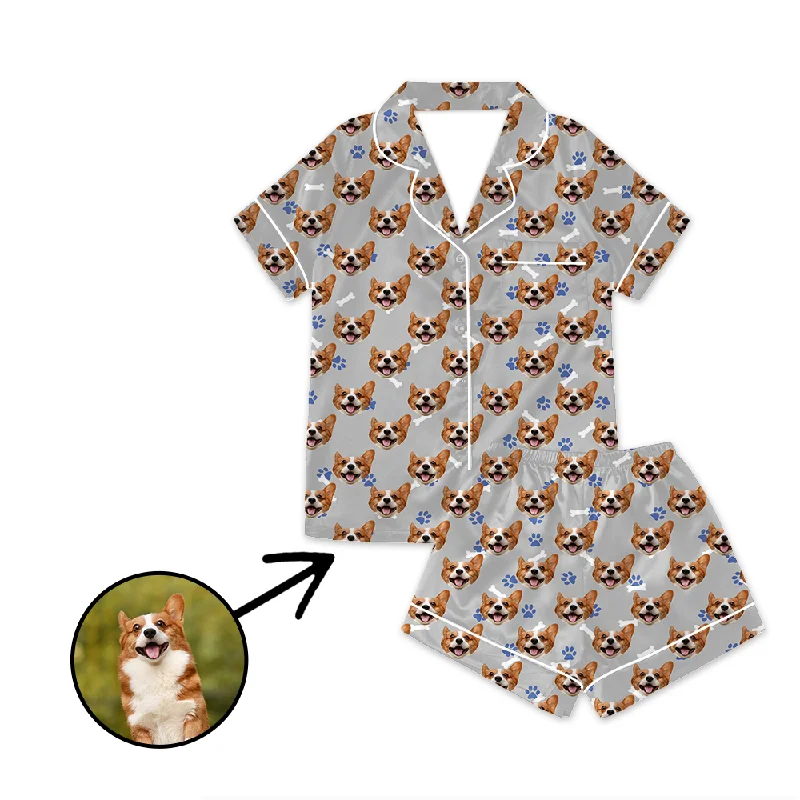 Fun matching outfits for mother and kid same suit-Custom Photo Satin Pajamas Dog Footprint Grey For Summer