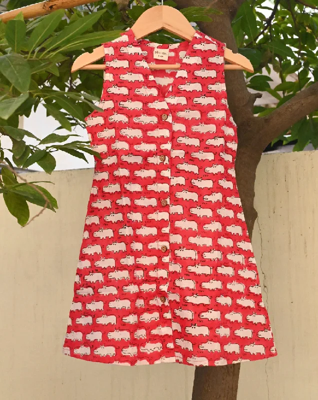 Mother and kid same suit for trendy, chic days-Happy Hippos Cotton Dress for Girls
