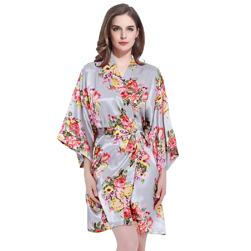 Women's robes with silk material for a smooth feel-Gray Floral Bridesmaid Robes Kimono
