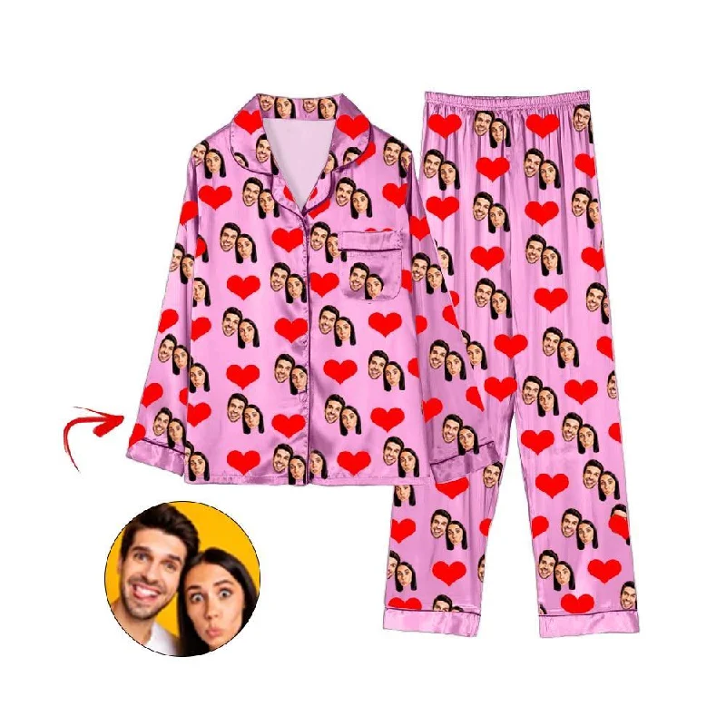 Fashionable matching mother and kid same suit for outings-Custom Photo Satin Pajamas Heart Happy You And Me Pink Fashionable matching mother and kid same suit for outings-Custom Photo Satin Pajamas Heart Happy You And Me Pink