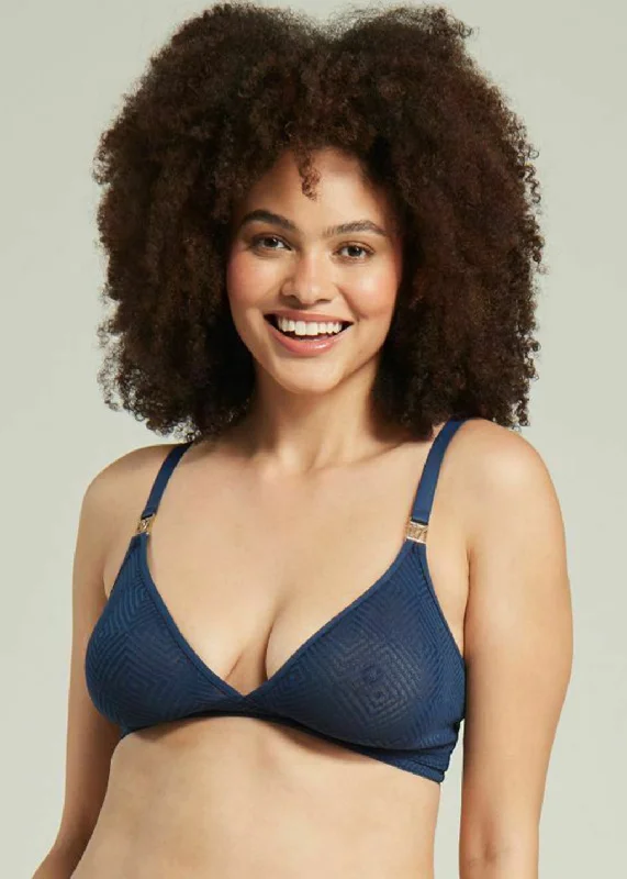 Lingerie sets for confident women-The Sheer Deco Easy Does It Bralette Navy Up to G Cup