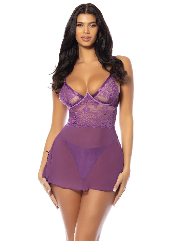 Elegant women's sexy nightwear with satin trim-Evrice Floral Sheer Babydoll