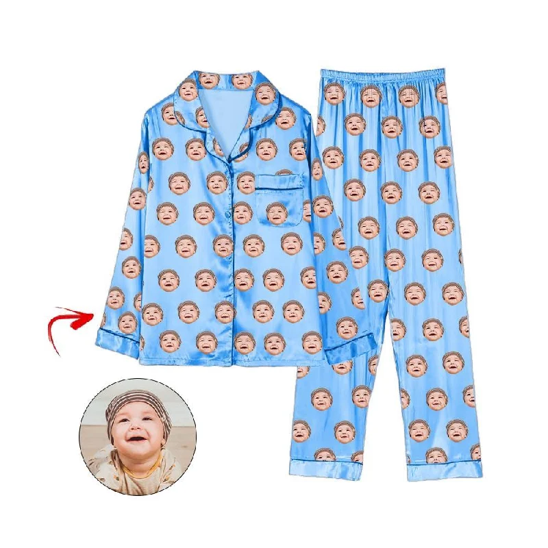 Matching mother and kid same suit with floral print-Custom Photo Satin Pajamas I Love My Baby Blue Matching mother and kid same suit with floral print-Custom Photo Satin Pajamas I Love My Baby Blue