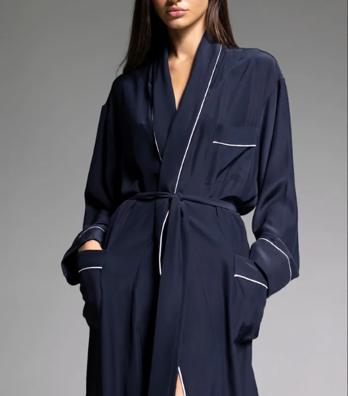 Women's robes with cute design for bedtime-ROBE - Navy Blue with White Piping