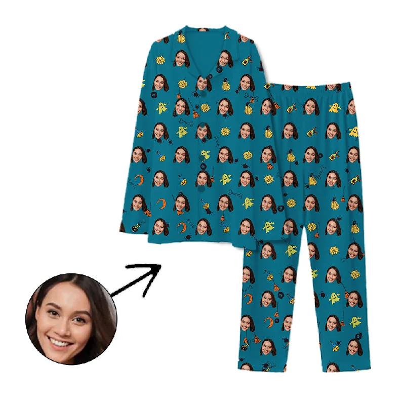 Matching mother and kid same suit for day trips-Personalised Pyjamas Halloween Ghost Blue