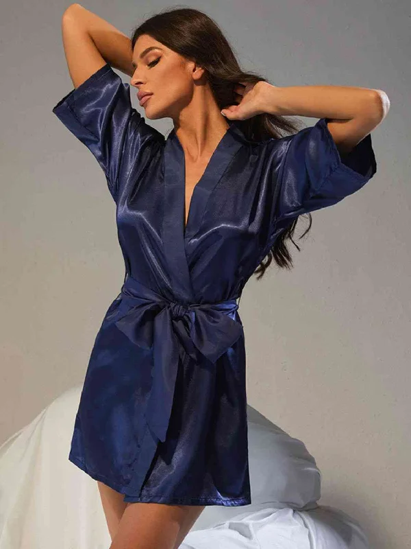Cozy fleece women's robes for winter nights-Belted Half Sleeve Robe
