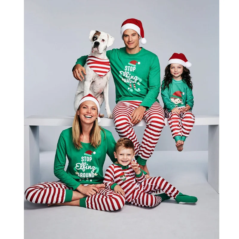 Matching mother and kid same suit with stripes for fun look-Elf Print Christmas Matching Pajama