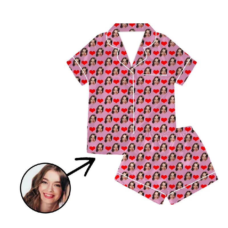 Stylish matching mother and kid same suit for birthday events-Custom Photo Satin Pajamas Heart Champagne For Summer