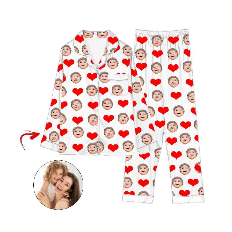 Matching mother and kid same suit for outdoor activities-Custom Photo Satin Pajamas Heart I Love My Baby White