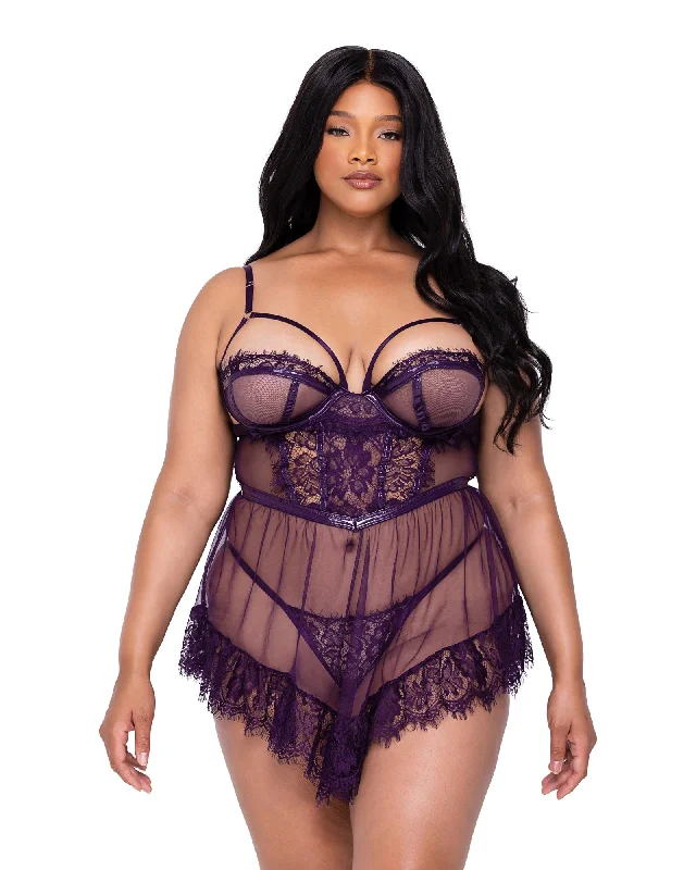 Women's sexy nightwear with relaxed fit for comfort-Roma Confidential Sugar Plum Sheer Babydoll Set Eyelash Lace Plus Size Women's sexy nightwear with relaxed fit for comfort-Roma Confidential Sugar Plum Sheer Babydoll Set Eyelash Lace Plus Size