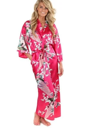 Women's robes for cozy nights at home-Silk Bathrobe Women Satin Kimono Robes For Women Floral Robes Bridesmaids Long Kimono Robe Bride Silk Robe Dressing Gown