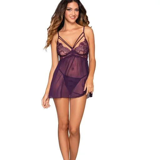 Elegant women's sexy nightwear for every season-Eyelash Lace Babydoll & G-String Set