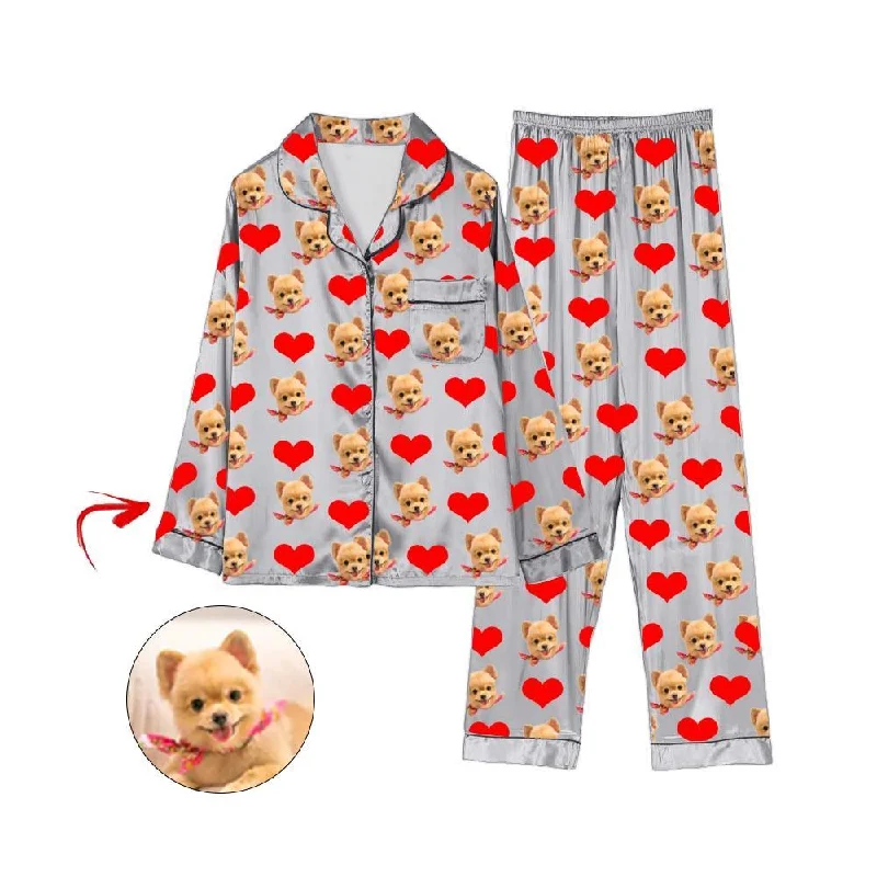 Comfortable matching mother and kid same suit for family events-Custom Photo Satin Pajamas Heart I Love My Dog Grey