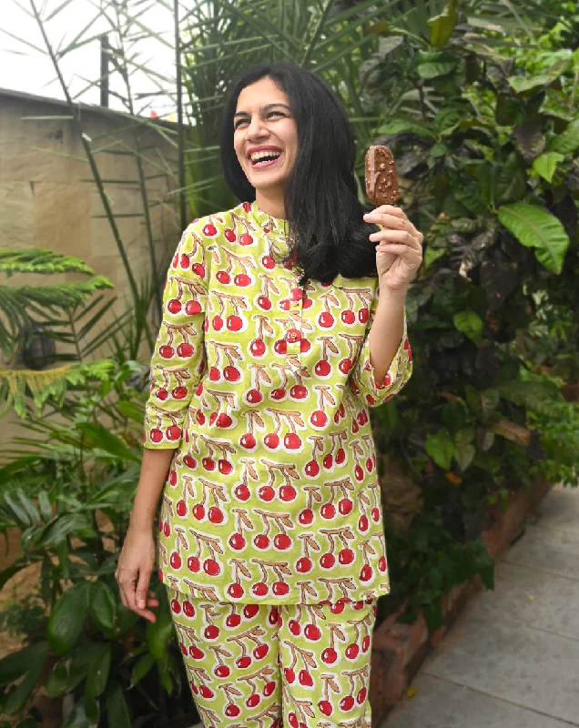 Trendy mother and kid same suit for outdoor adventures-Cherries Short Kurta Pyjama - Soft Cotton Co-ord Set Trendy mother and kid same suit for outdoor adventures-Cherries Short Kurta Pyjama - Soft Cotton Co-ord Set