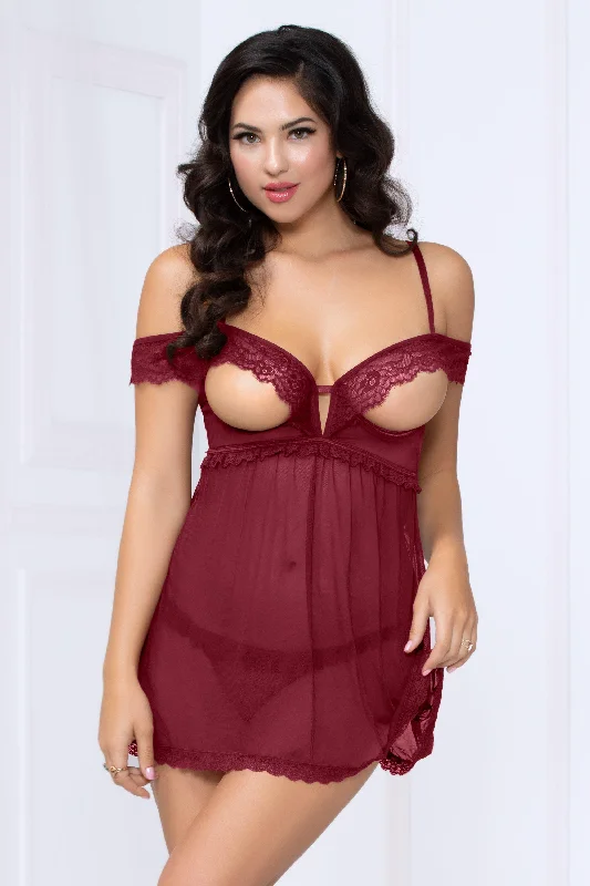 Soft satin women's sexy nightwear for sultry evenings-Seven 'til Midnight Wine Lace Mesh Open Cups Babydoll Set Sexy Lingerie Soft satin women's sexy nightwear for sultry evenings-Seven 'til Midnight Wine Lace Mesh Open Cups Babydoll Set Sexy Lingerie