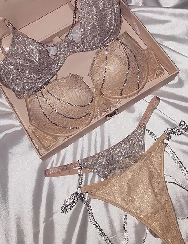 Bridal lingerie sets for wedding night-Sexy rhinestone lace garter underwear set