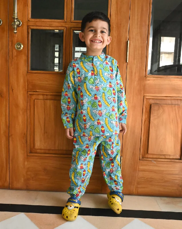 Matching mother and kid same suit for joyful celebrations-Cat-A-Pillar Cotton Kurta Pyjama Set for Kids