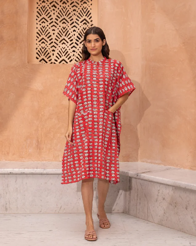 Casual matching mother and kid same suit for shopping trips-Nazar Battu Hand Block Printed Cotton Midi Kaftan Shirt