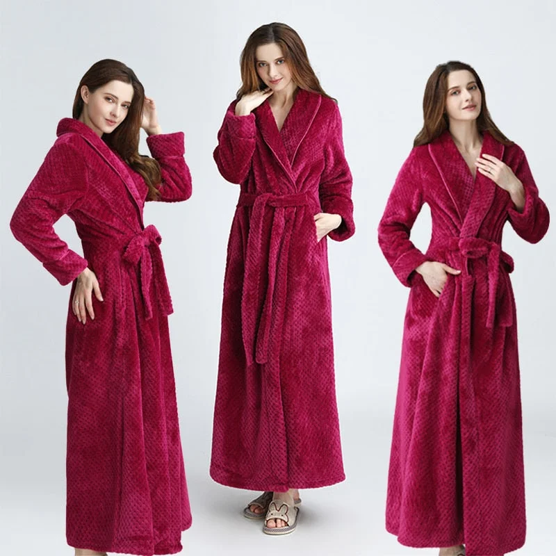 Women's robes with cozy fleece material-Women Men Extra Long Warm Dobby Coral Fleece Bathrobe Winter Thick Flannel Thermal Bath Robe Kimono Dressing Gown Bride Peignoir
