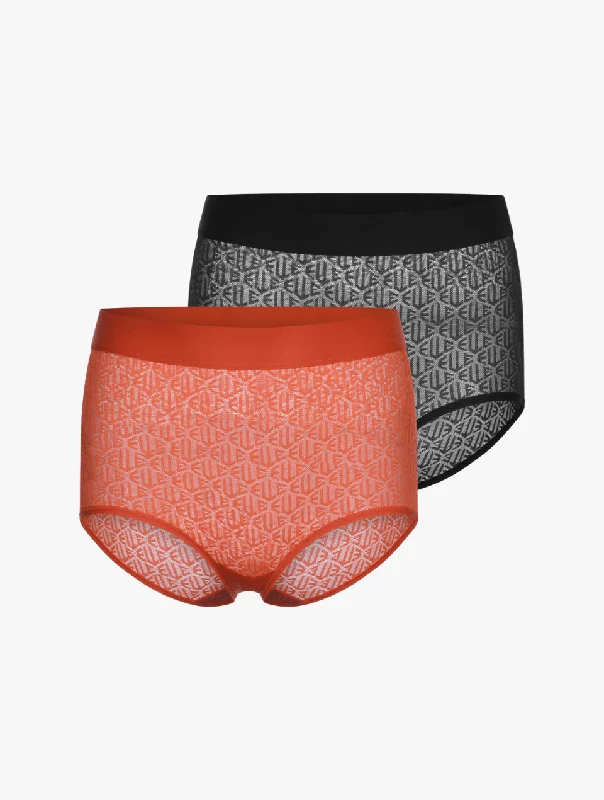 Women's cotton panties for everyday use-ELLE Icon Lace High Waisted Brief - Black/Orange - 2 PACK Women's cotton panties for everyday use-ELLE Icon Lace High Waisted Brief - Black/Orange - 2 PACK