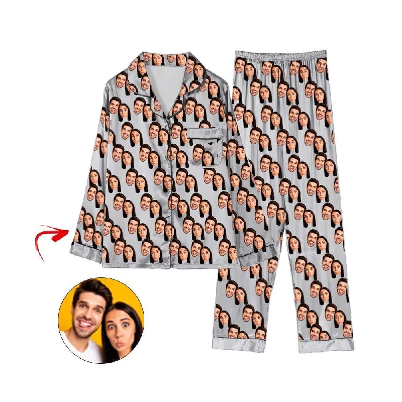 Matching mother and kid same suit for cozy family nights-Custom Photo Satin Pajamas Happy You And Me Grey
