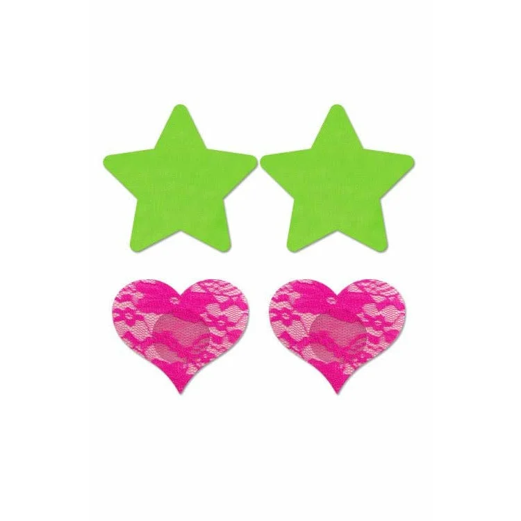 Nipple covers for seamless skin coverage-Neon Green Solid Star & Neon Pink Lace Heart Pasties Set