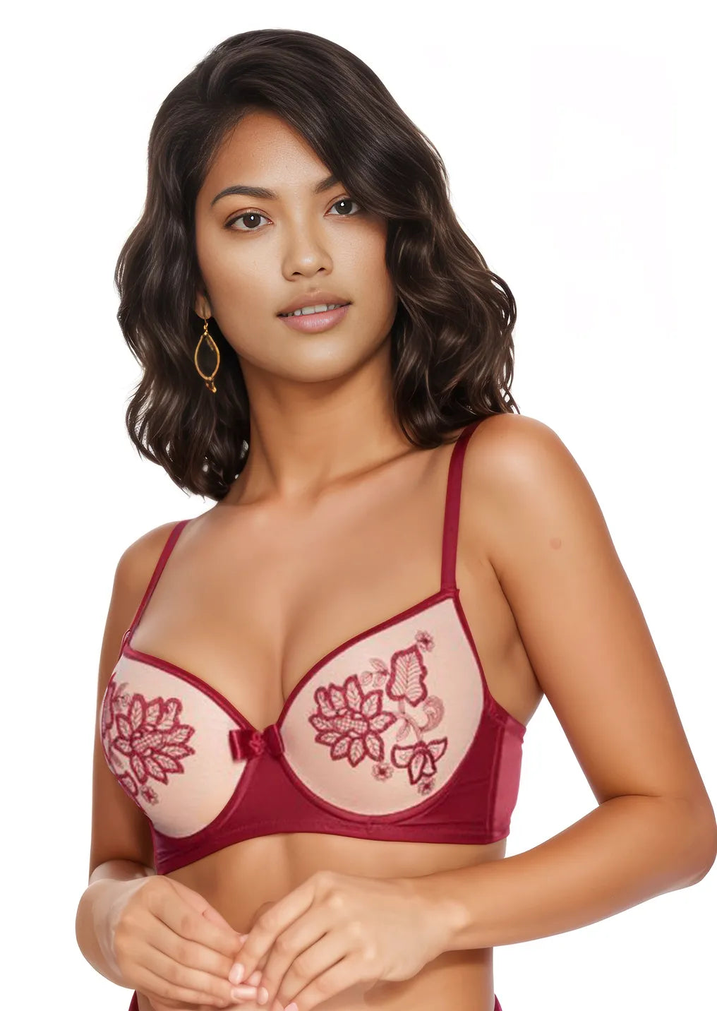 Silk lingerie sets with delicate design-Roza Mehendi Push Up Bra Claret