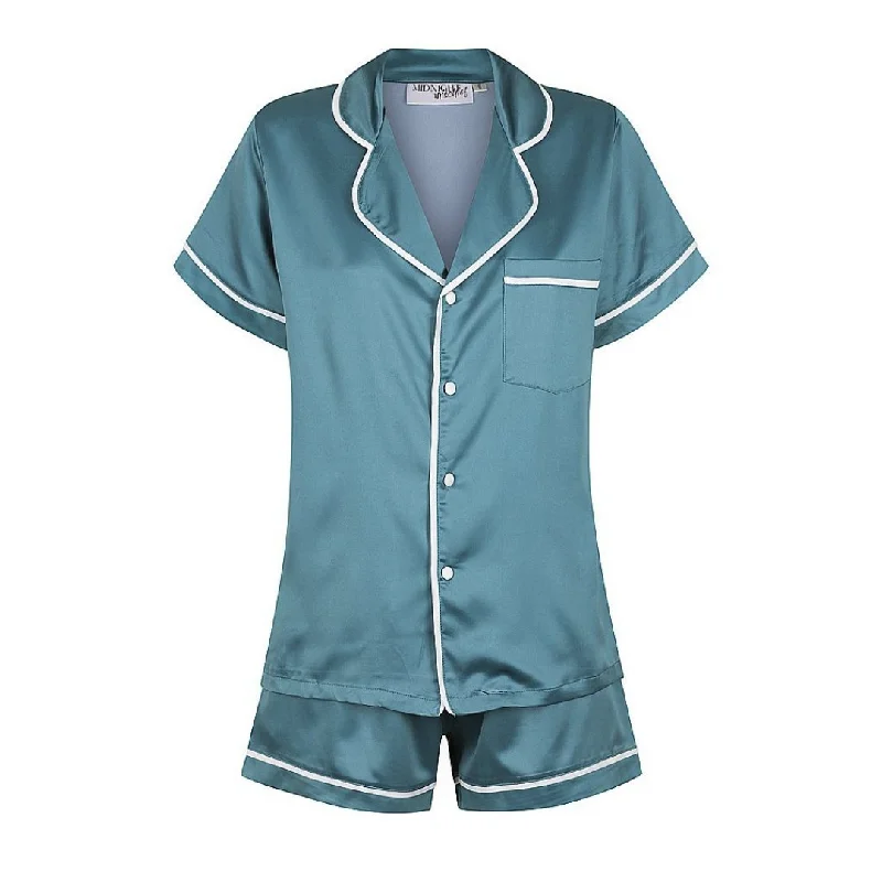 Matching outfits for mother and kid same suit for beach days-Satin Personalised Pyjama Set - Short Sleeve Teal Blue/White