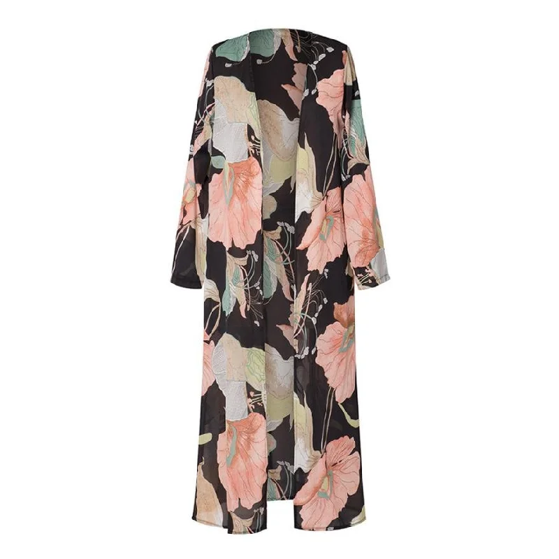Soft cotton women's robes for lounging-Chiffon Kimono Cardigan