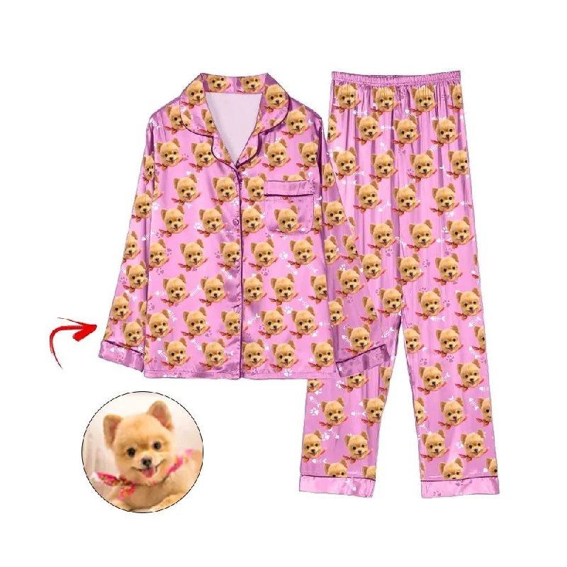 Matching mother and kid same suit for relaxed days-Custom Photo Satin Pajamas Dog Footprint Pink Matching mother and kid same suit for relaxed days-Custom Photo Satin Pajamas Dog Footprint Pink