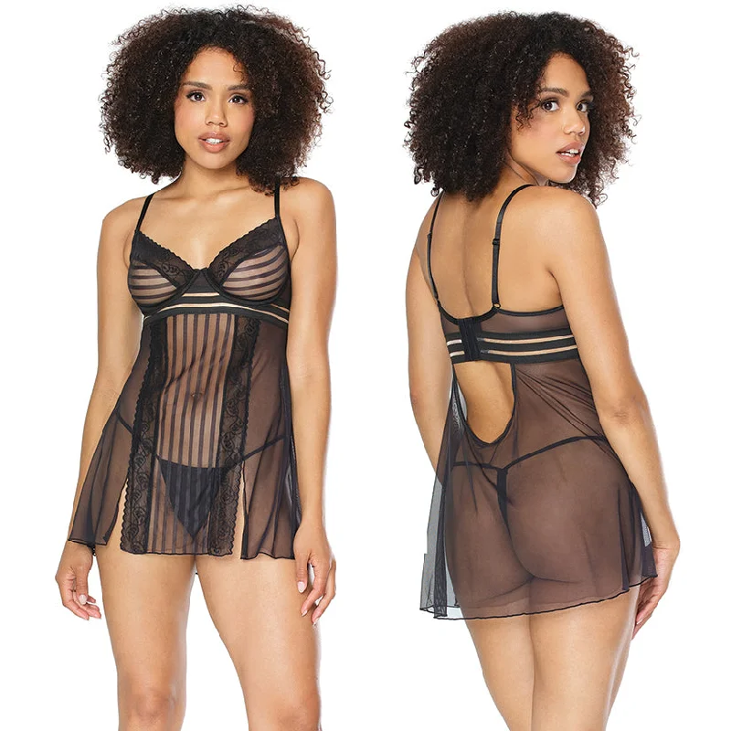 Comfortable women's sexy nightwear for cozy evenings-Babydoll & G-String Set-Black