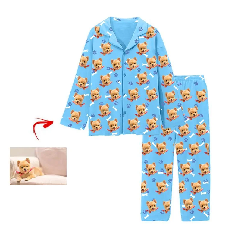 Matching mother and kid same suit with cozy fabrics-Personalised Photo Pajamas Dog Footprint Blue