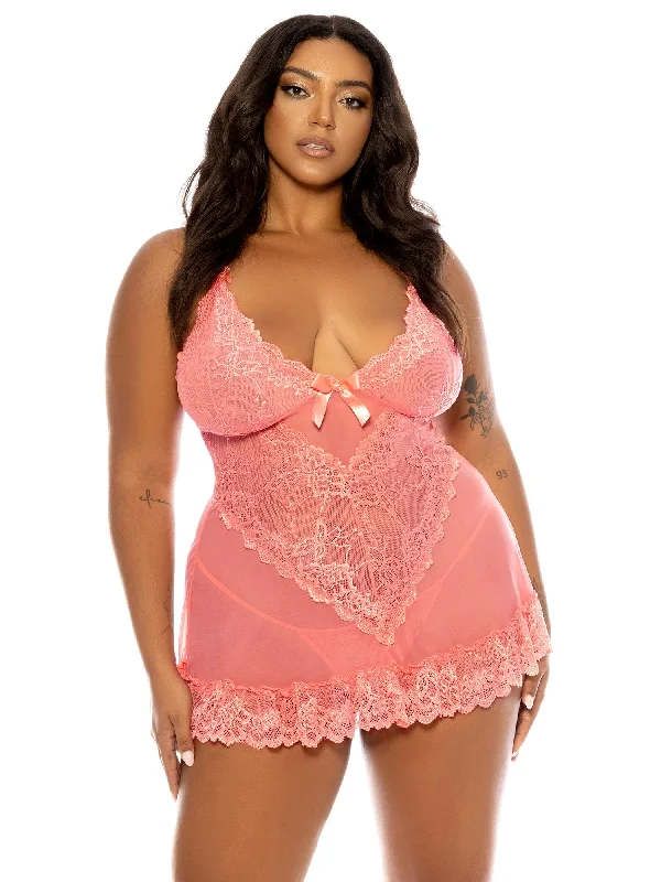 Comfortable women's sexy nightwear with soft feel-Curvy Valentine Lacey Babydoll