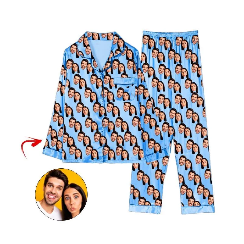 Stylish matching mother and kid same suit for daily use-Custom Photo Satin Pajamas Happy You And Me Blue