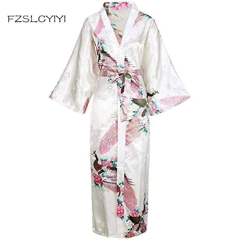 Soft satin robes for women with comfortable fit-White Women's Sexy Bride Wedding Robes Nightwear Robes Kimono Night Gown Printed Peacock&Floral Sleepwear Plus Size