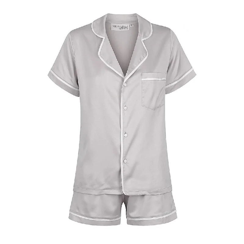 Comfortable matching mother and kid same suit for naps-Satin Personalised Pyjama Set - Short Sleeve Grey/White