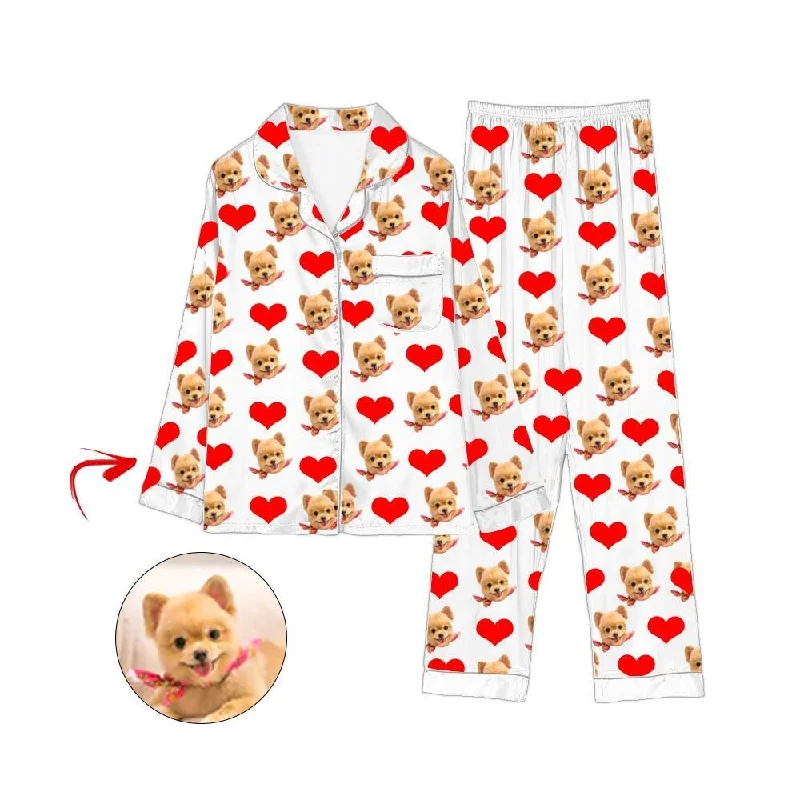 Fun and stylish matching mother and kid same suit-Custom Photo Satin Pajamas Heart I Love My Dog White