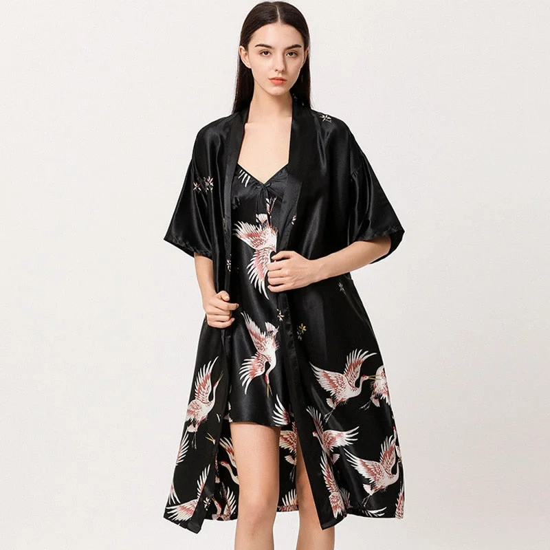 Women's robes with matching sleepwear sets-Women Nightgown Ice Silk Chinese Style Crane Print Half Sleeve Kimono Bathrobe Bride Bridesmaid Wedding Long Robe Non-suit